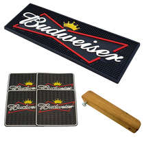 Kit Bar Mat / Budweiser (Preto) + 4 Porta Copos Budweiser + Abridor