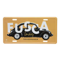 Placa Decorativa de Metal 15 x 30 cm - VW Fusca Lover - Fundo Amarelo 