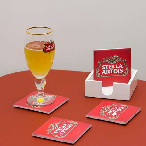 Kit 4 Porta Copos de Azulejos - Stella Artois - Suporte Laqueado (Brinde)