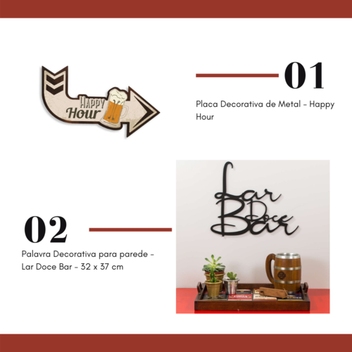 Kit Placa Decorativa de Metal Happy Hour + Palavra Decorativa para parede - Lar Doce Bar - 32 x 37 cm